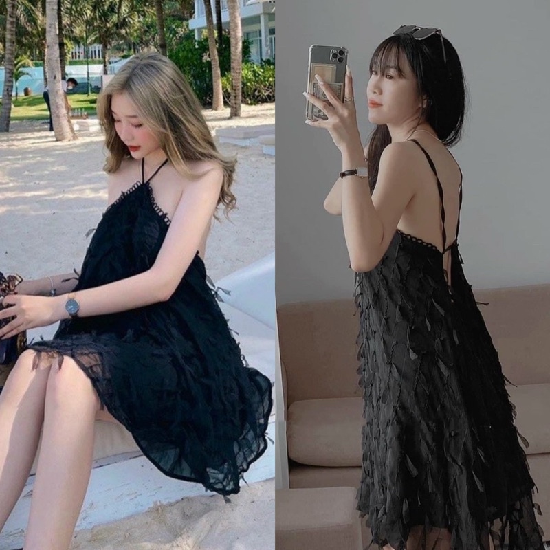 Đầm lông vũ đen 2 dây cổ yếm dễ thương, váy suông ngắn đơn giản đi chơi dạo phố dự tiệc, thời trang nữ tiểu thư hotgirl