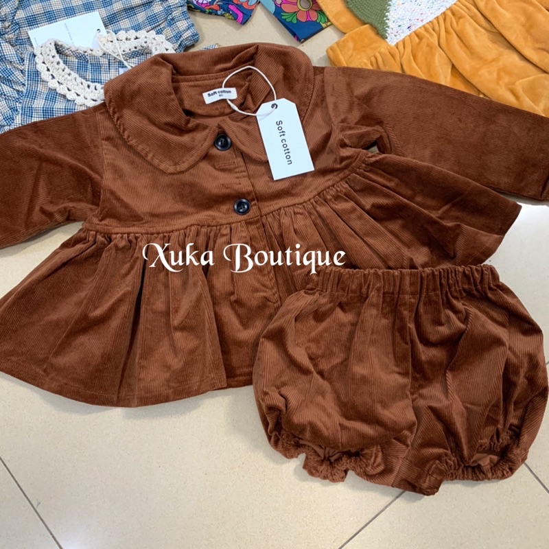 Bộ quần áo nhung thu đông Soft Cotton Cao Cấp màu nâu bé gái| Sét áo búp bê kèm quần nhung (Ảnh thật) sz 80-130