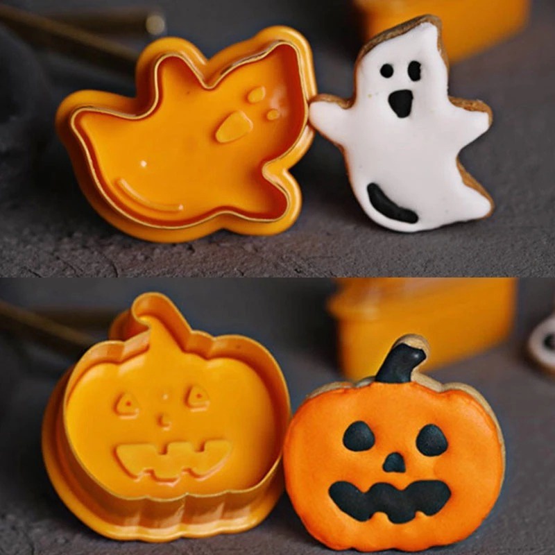 Set 4 Khuôn Cắt Bánh Quy Bằng Nhựa Họa Tiết Hoạt Hình 3D Phong Cách Halloween