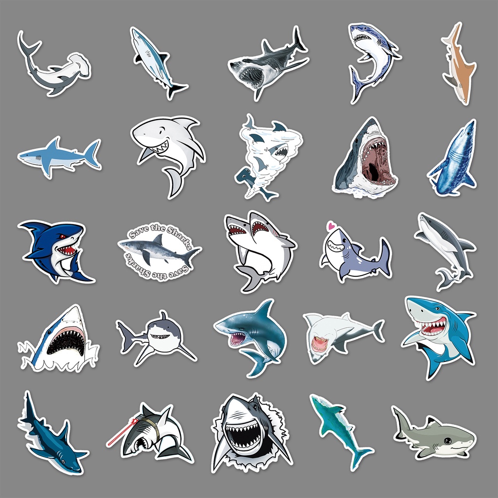 Combo 30 Sticker Chống Nước Decal Dán Điện Thoại Laptop Mũ Bảo Hiểm Vali Đàn Guitar Bình Nước Sổ Tay Shark [CÁ MẬP]