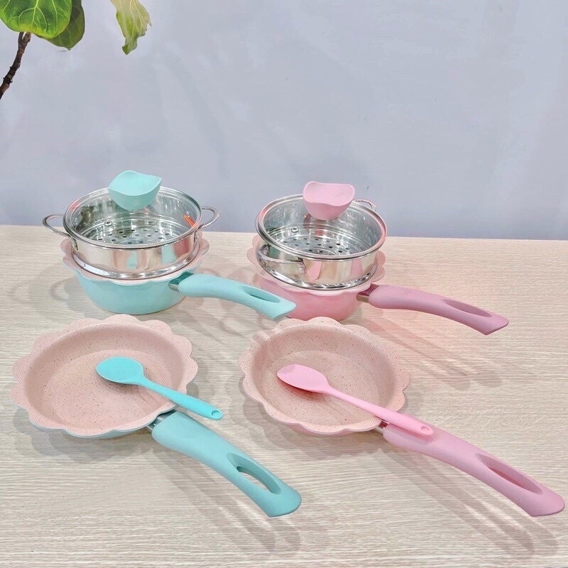 Bộ Nồi Chảo Đá Chống Dính Kèm Xửng Hấp inox 16cm nấu hầm ninh cháo, quấy bột ăn dặm cho bé