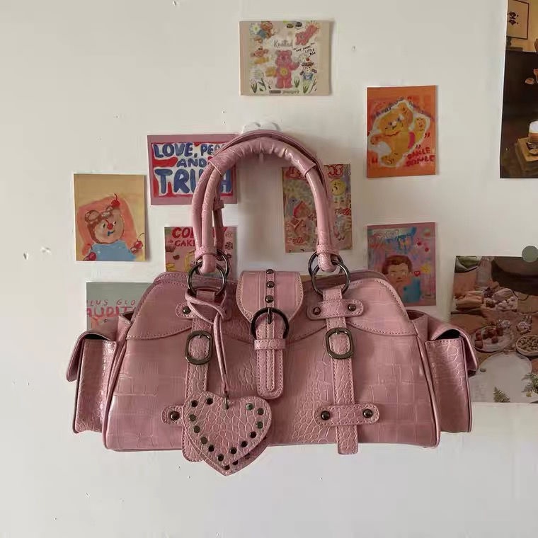 Túi xách đeo vai nắp lật họa tiết da cá sấu phối đinh tán phong cách retro vintage chính hãng