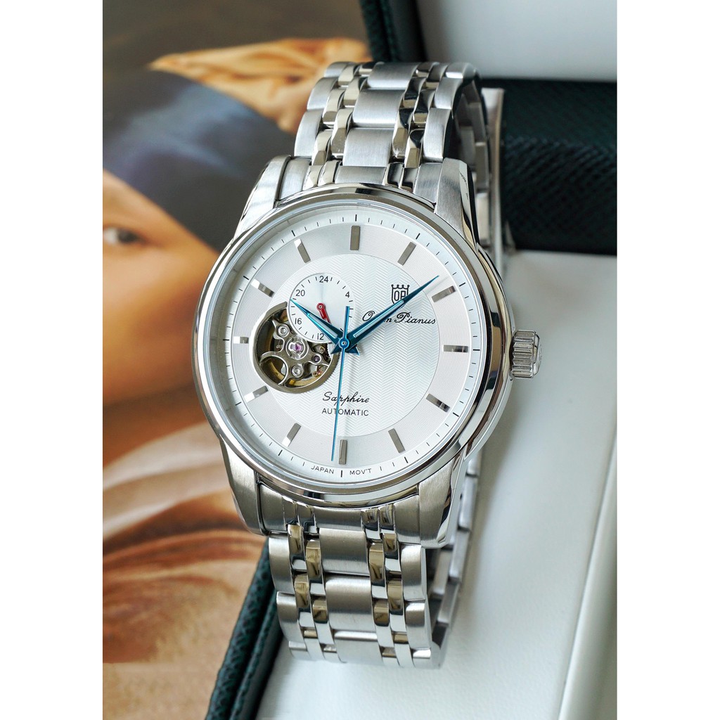 Đồng hồ nam dây kim loại mặt kính chống xước Automatic Olym Pianus OP990-163 OP990-163AMS trắng