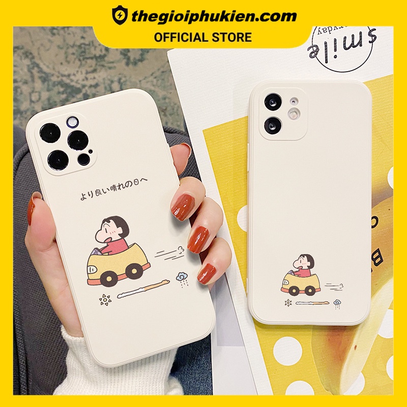 Ốp lưng iphone cạnh vuông Bé shin đi xe dành cho ip 6 đến 14promax - e242