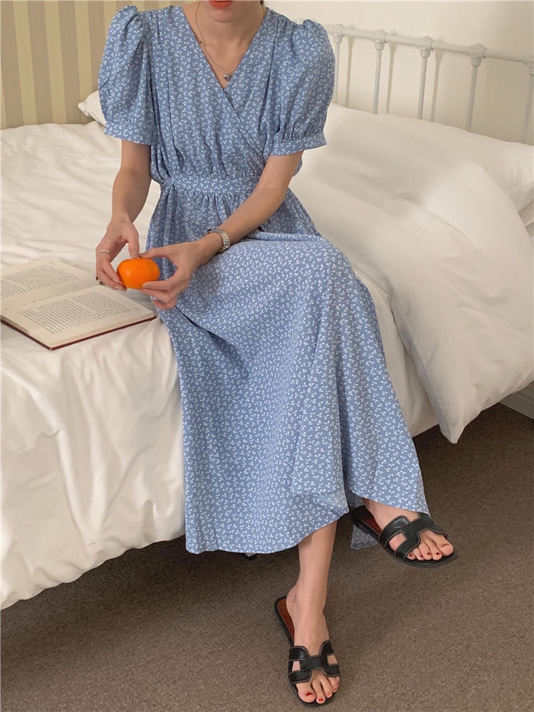 Đầm Tay Ngắn Dáng Ôm Cổ Chữ V In Hoa Thời Trang 50814