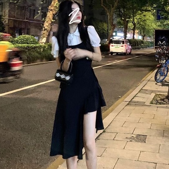 Đầm MURIOKI tay ngắn phồng màu đen phong cách Nhật Bản đi học xinh xắn dành cho nữ