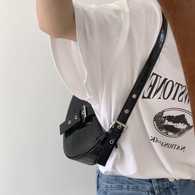 Túi đeo vai IELGY giả da cá sấu màu đen phong cách Hàn Quốc thiết kế thời trang cho nữ