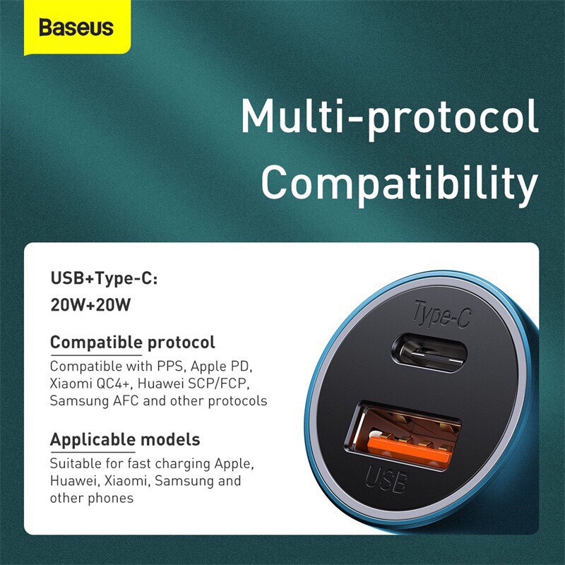 Bộ tẩu sạc xe hơi Baseus sạc nhanh 40W có cổng USB và Type-C có lựa chọn có dây đi kèm và không có dây