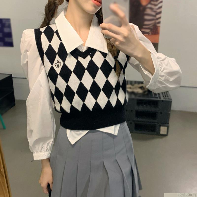 Áo Sweater Dệt Kim Không Tay Cổ Chữ V Dáng Rộng Phong Cách Preppy Thời Trang Mùa Thu Cho Nữ