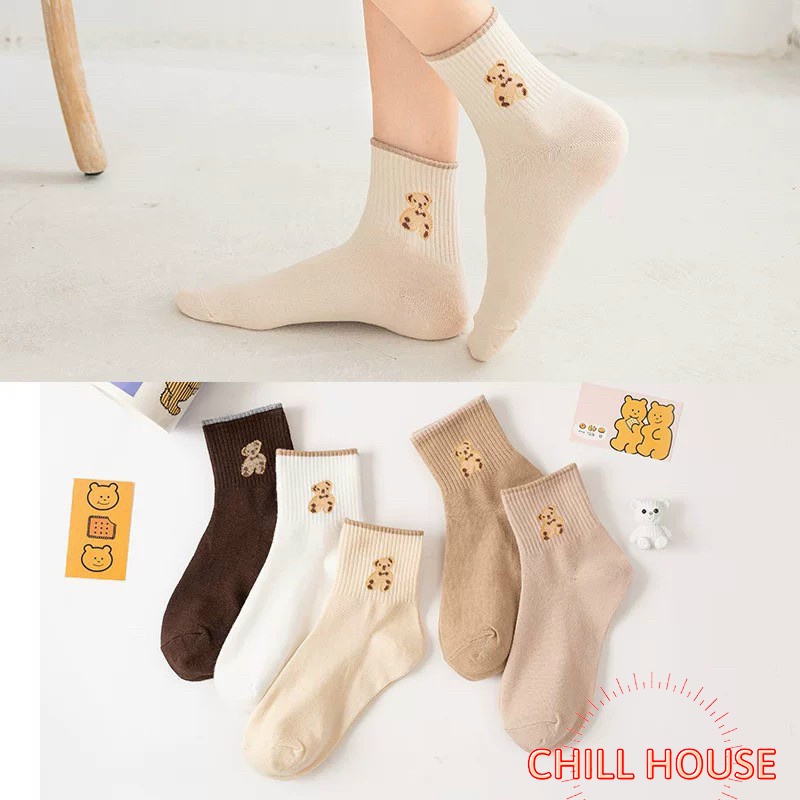 Tất Nữ - Tất Cổ Cao Thêu Hình Gấu Dễ Thương T780 Chill House