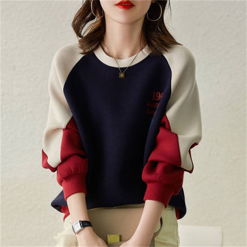 Áo Sweater Tay Dài Dáng Rộng Phối Màu Tương Phản Thời Trang