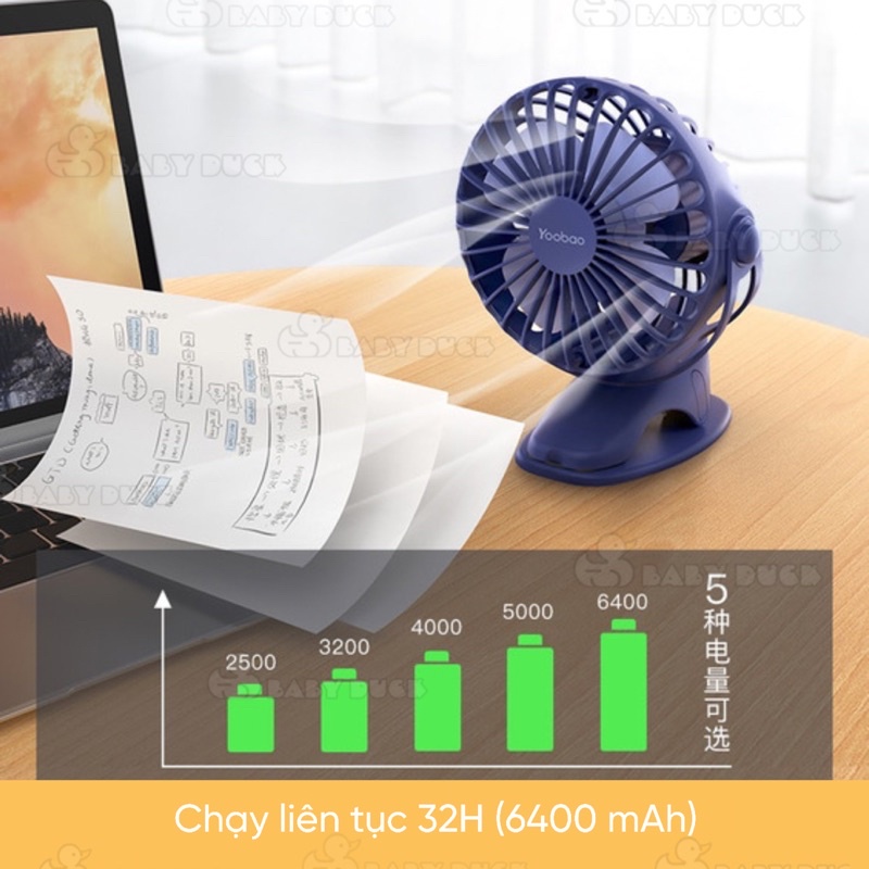 Quạt tích điện Yoobao 6400MAH, kẹp sạc mini cầm tay 4 cấp độ gió