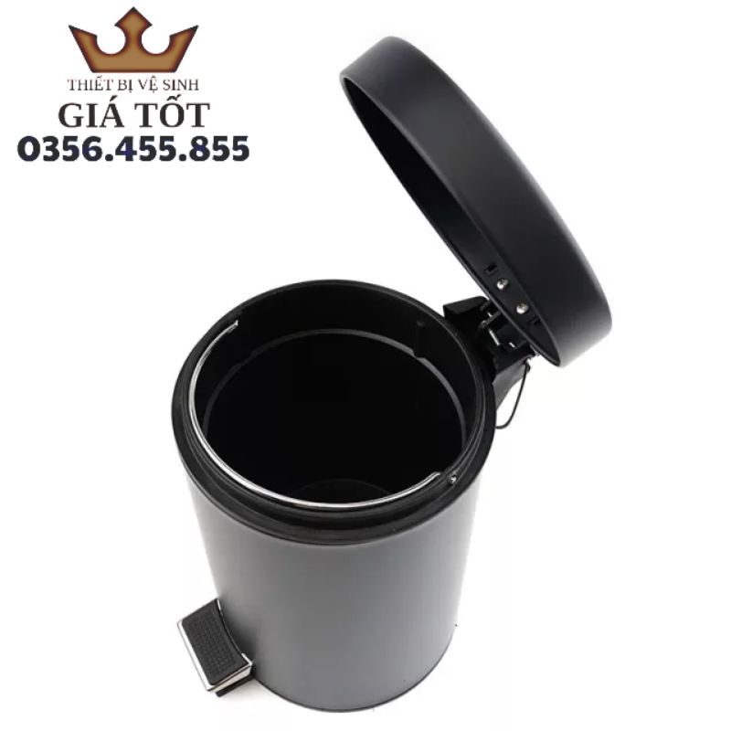 Thùng rác inox đạp chân 5L đen - Thùng rác inox tiện lợi