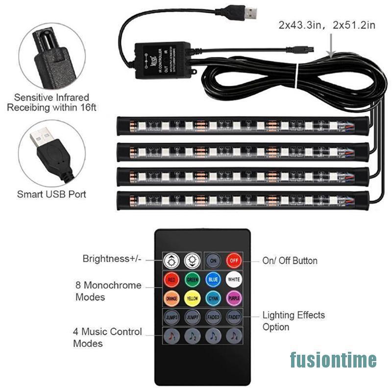 Set 4 Dải Đèn Led Rgb 9 Bóng Trang Trí Nội Thất Xe Hơi