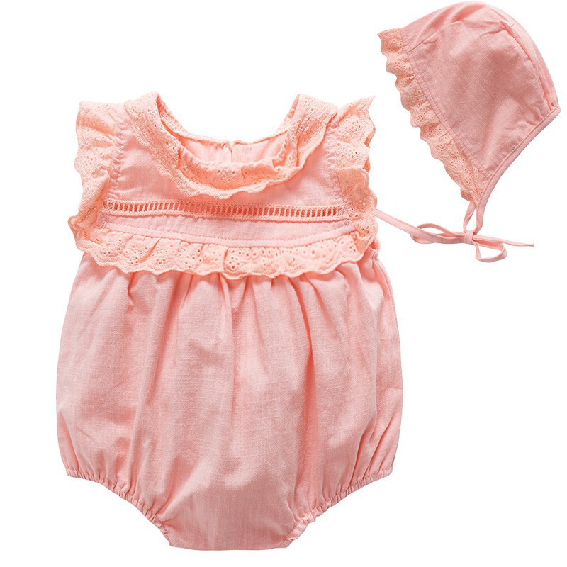 Set áo liền quần và mũ trùm đầu TTKAABABY phối ren xinh xắn đáng yêu dành cho bé gái sơ sinh