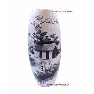 Lọ hoa sơn mài vẽ cảnh mẹ đi chợ về đen trắng - Gốm Sứ Bát Tràng