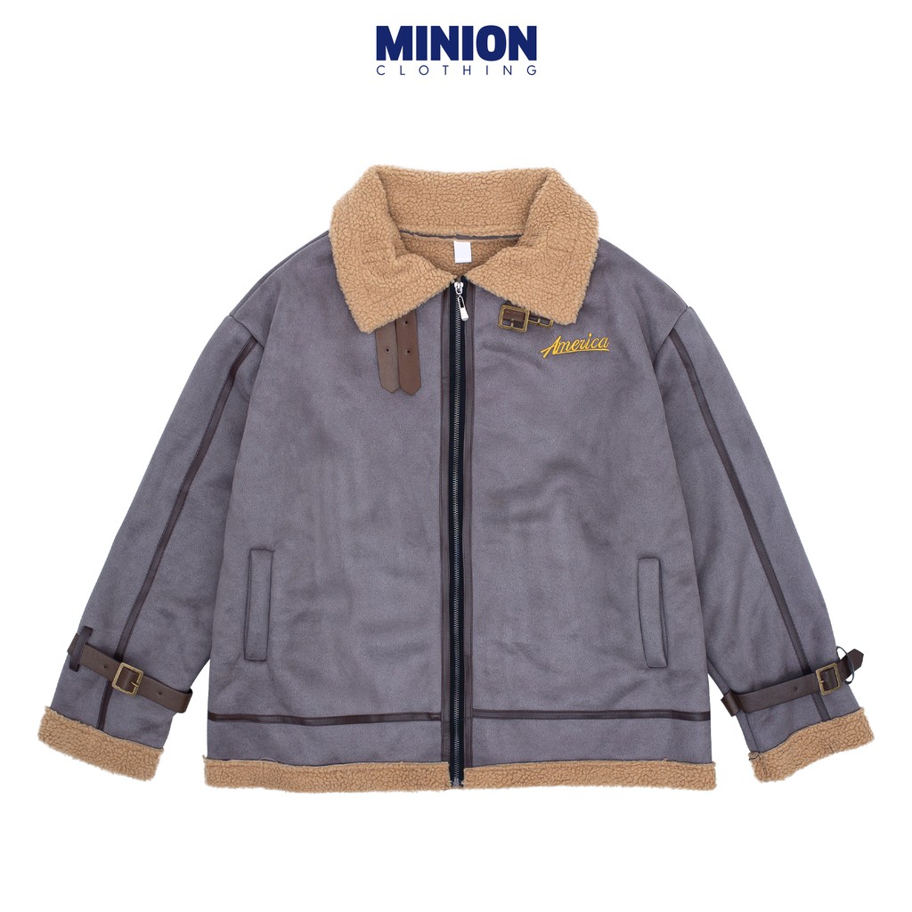 Áo khoác da lộn Minion Clothing form rộng, cổ bông, phong cách Streetwear Ulzzang A2842