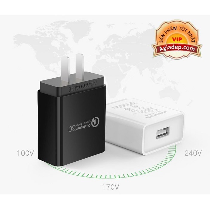Củ sạc QC3.0 - 1 Cổng USB cao cấp Agiadep-Ugreen (Xịn - Sạc nhanh) Số 1 hiện nay - Màu Đen