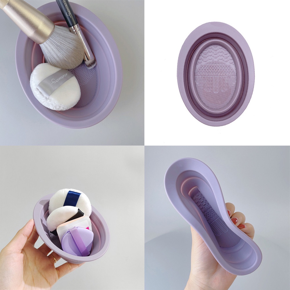 Cod Qipin Đệm Tẩy Rửa Cọ Trang Điểm Dạng Gel Màu Tím Có Thể Gập Lại