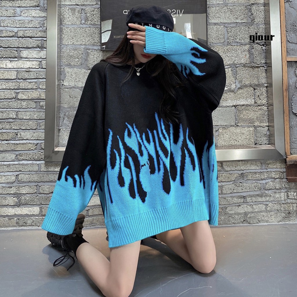 Áo sweater dệt kim dáng rộng cổ tròn in hoạ tiết ngọn lửa