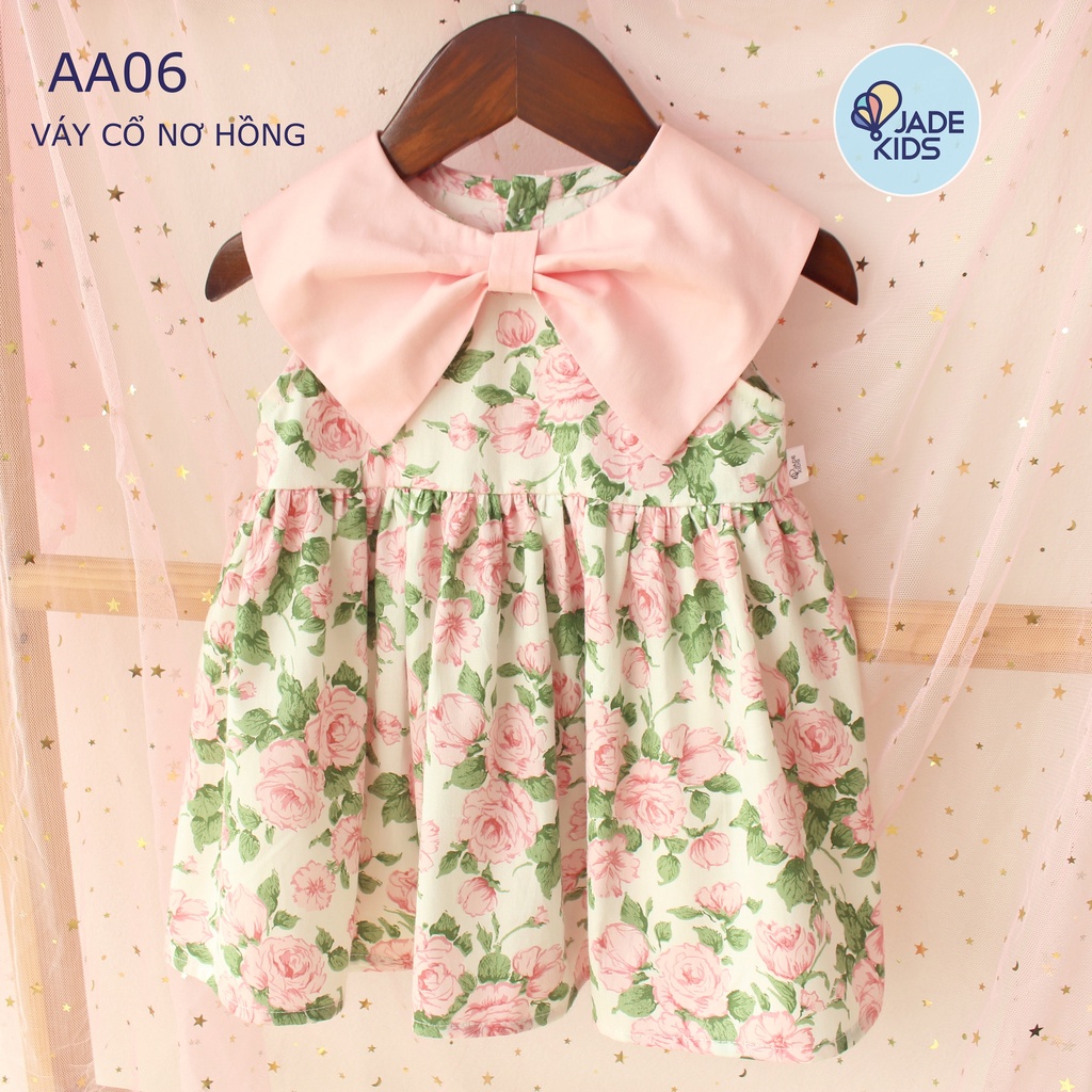 Váy bé gái, Đầm bé gái cổ nơ cách điệu xinh yêu, kiểu váy ba lỗ chất vải mềm mát nhẹ êm cho bé từ 7kg tới 17kg