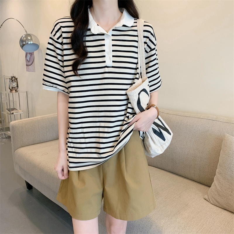 Áo polo SUXI ngắn tay họa tiết sọc ngang phong cách Hàn Quốc dành cho nữ