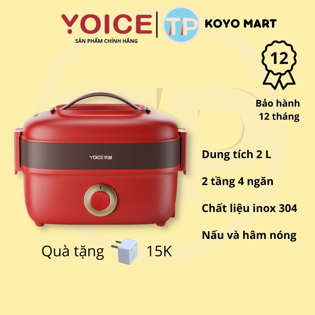 Hộp cơm cắm điện Yoice Y-FH13AS, dung tích 2 lít, hâm nóng, giữ nhiệt, nấu chín thức ăn, dùng inox 304