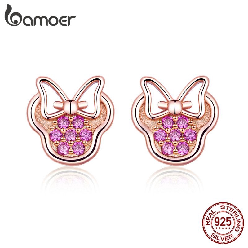 Khuyên Tai Bamoer Hình Chuột Mickey Phối Nơ Đính Đá Zircon Dễ Thương Cho Nữ