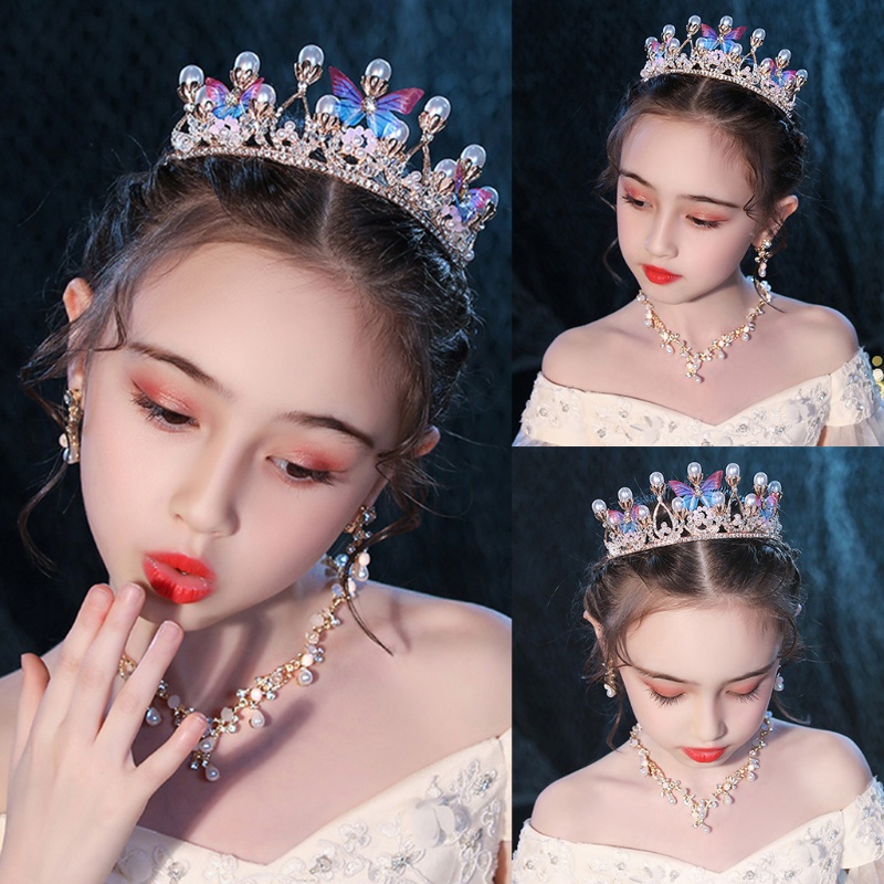 [Hàng mới về] Băng đô vương miện cài tóc hình bướm đính đá ngọc trai hợp thời trang