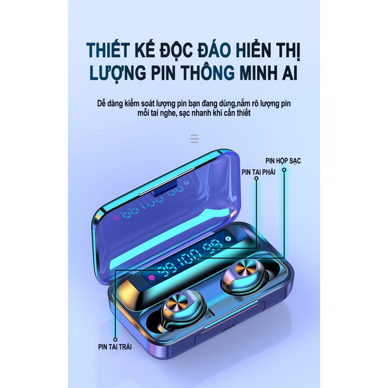 Tai nghe không dây bluetooth F9 10 TWS nghe nhạc HD, chống ồn, pin trâu, có mic