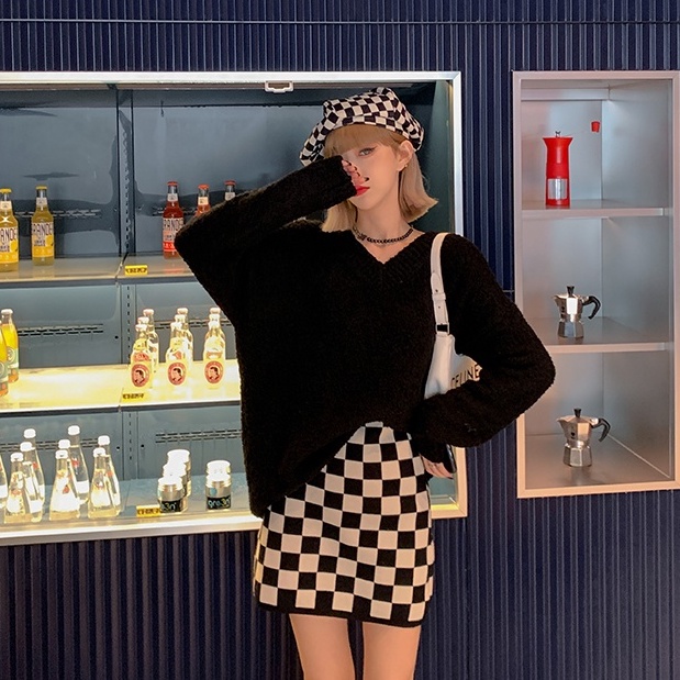 Chân váy dệt kim lưng cao dáng chữ A họa tiết kẻ caro đen trắng thời trang Hàn Quốc