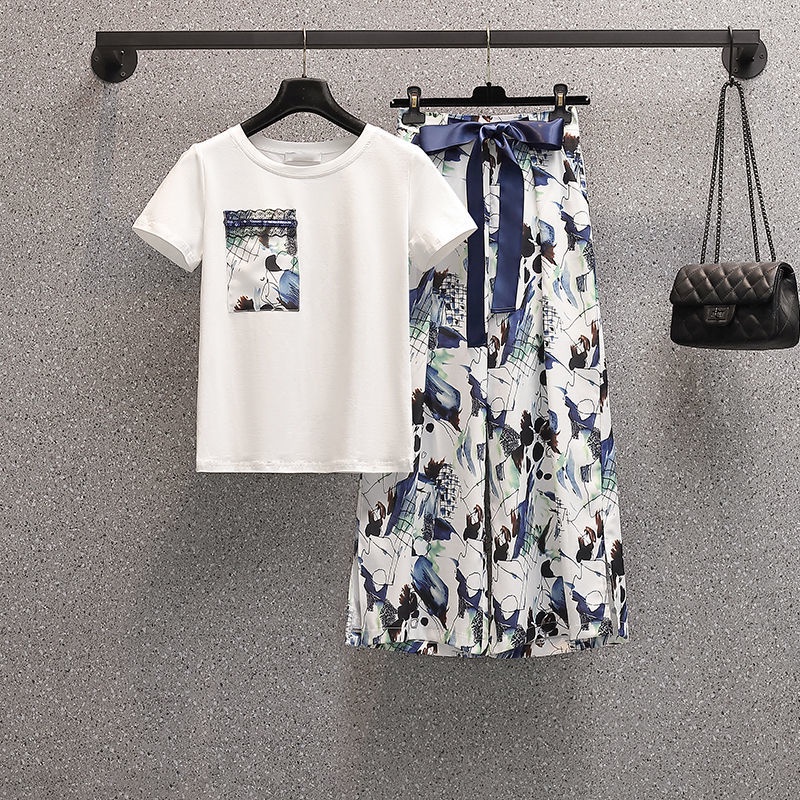 Set áo thun và quần dài lưng cao ống rộng thời trang xuân hè 2022 dành cho nữ