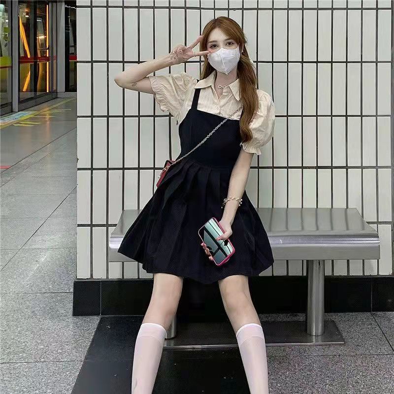 AMOI Đầm Hai Dây Giả Hai Mảnh Phong Cách Hàn Quốc 2022