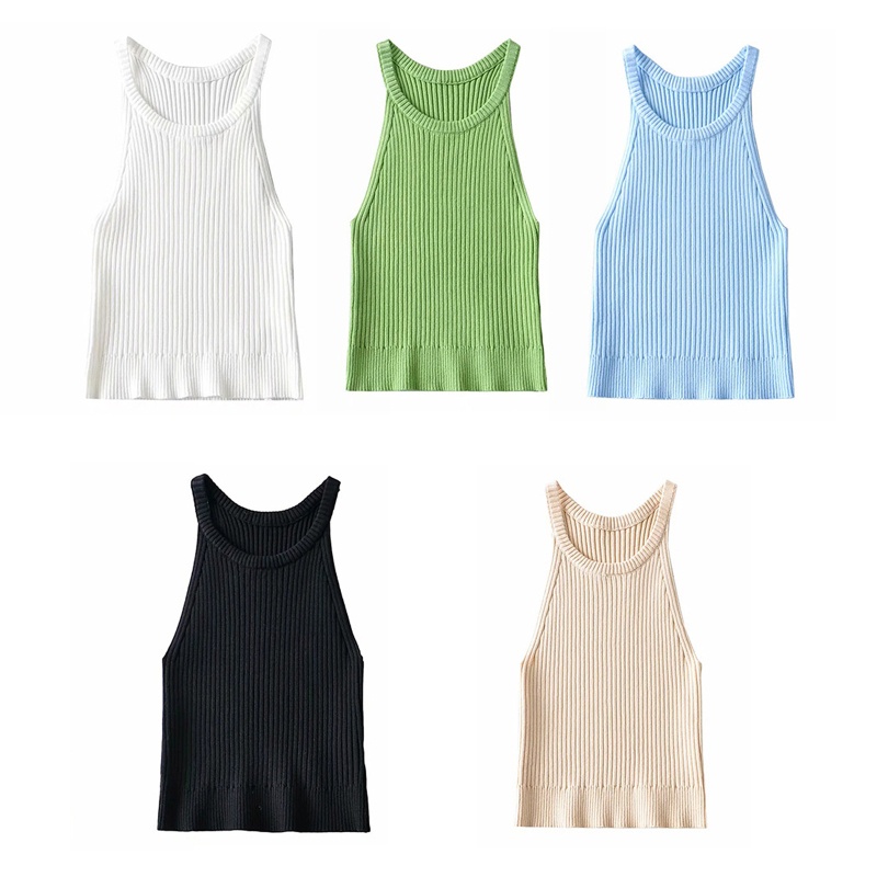 Áo Croptop Dệt Kim Không Tay Cổ Tròn Màu Sắc Đơn Giản Cho Nữ