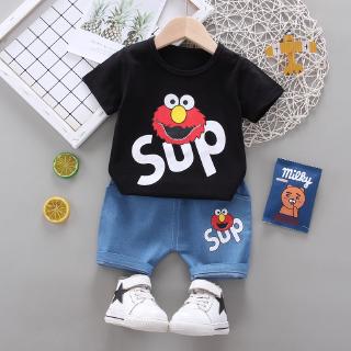 Summer children's clothing Korean children cartoon fashion drama costume children's short-sleeved T-shirt + two-piece jeans