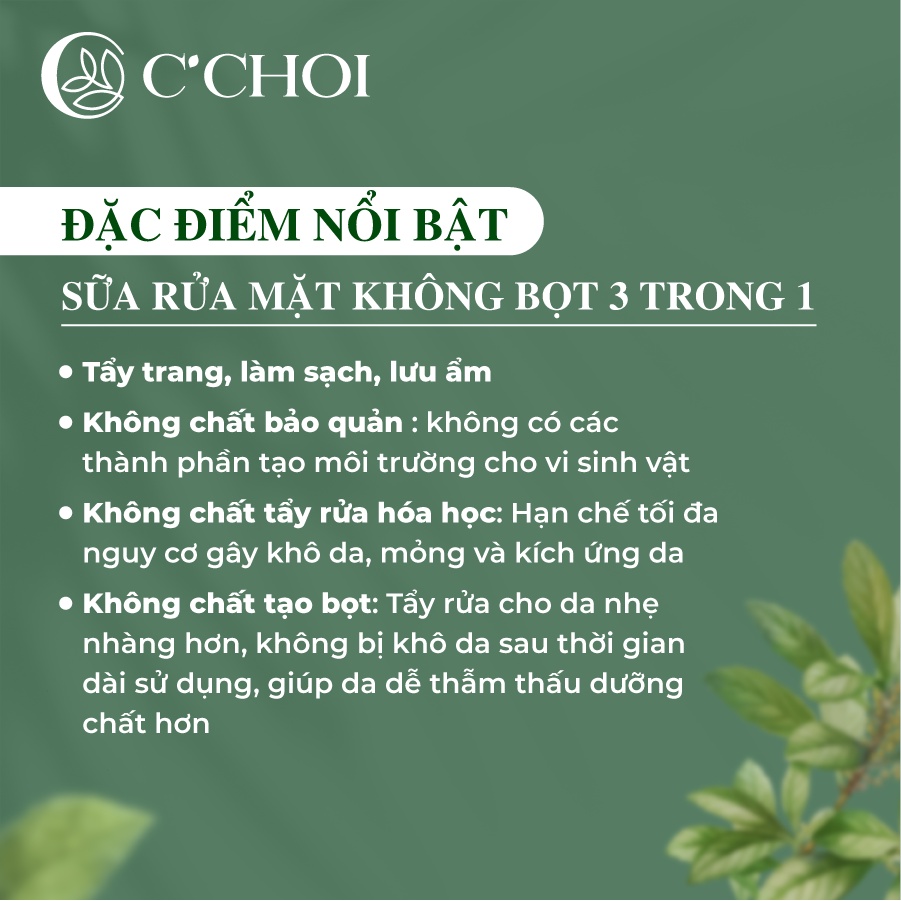 Sữa Rửa Mặt C'CHOI Không Tạo Bọt Lợi Ích 3 Trong 1 Lấy Sạch Bụi Bẩn Dành Cho Da Dầu Mụn 100ml