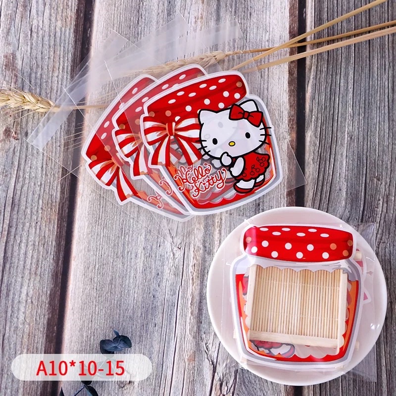 Set 10 túi kiếng đựng bánh cookie, quà tặng Kitty trắng có keo dán 10 x 10 cm