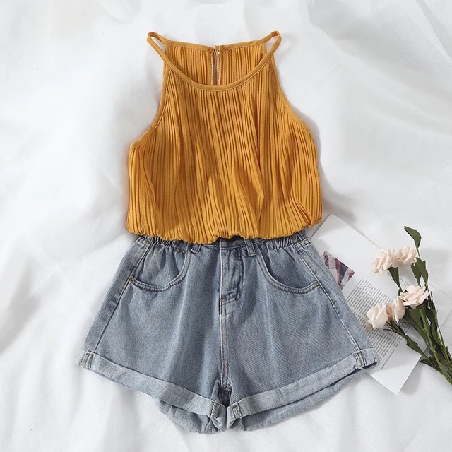 Áo cổ yếm xếp ly xẻ sau giọt nước tiểu thư vintage đi chơi đi biển du lịch