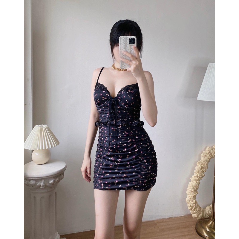 Váy body 2 dây phi bóng ĐEN hoa nhí hồng ren