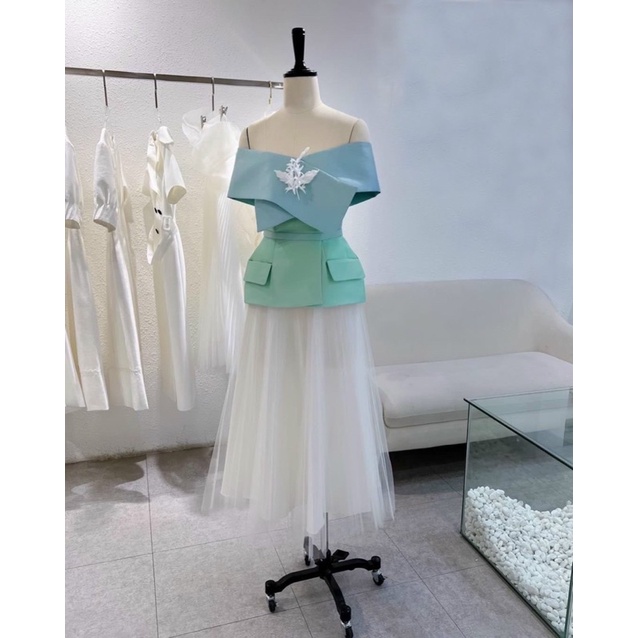 SÉT ÁO + CHÂN VÁY BẸT VAI PHỐI MÀU  ( áo, chân váy, hoa cài áo , dây nịt eo) full size S/M/L/XL