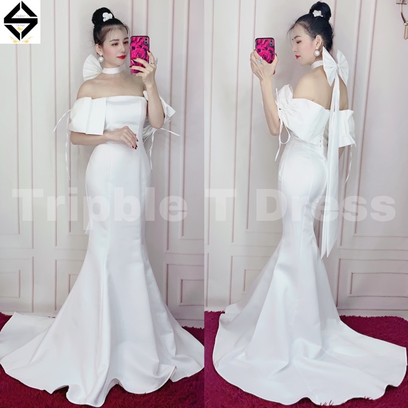 Đầm body maxi mặc cưới phối phụ kiện nơ tay và cổ đi kèm TRIPBLE T DRESS - size S/M/L - MS196Y