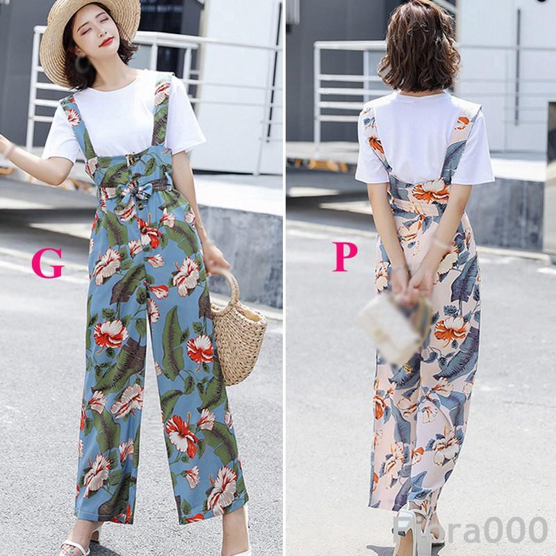 Jumpsuit Ống Rộng Lưng Cao Hoạ Tiết Hoa Cho Phái Nữ