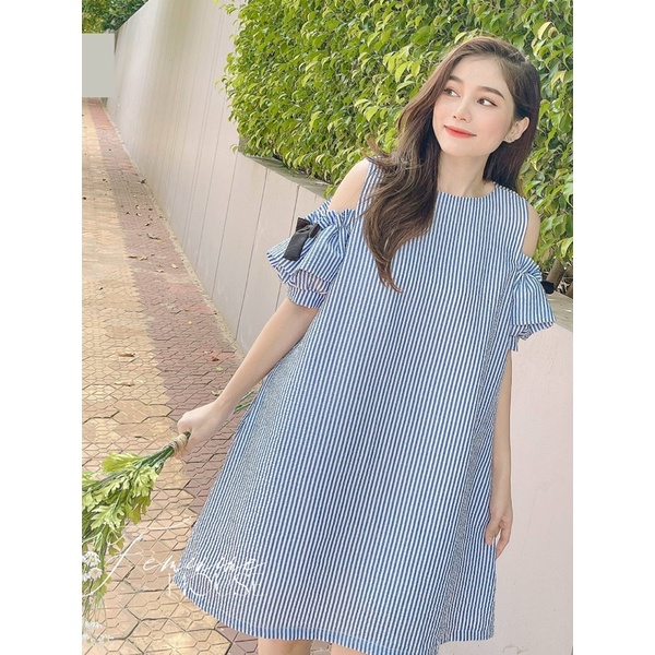 Đầm Rớt Vai Tay Nơ, đầm kẻ sọc, đầm suông xinh xắn, diện hè, đầm sọc phom suông.