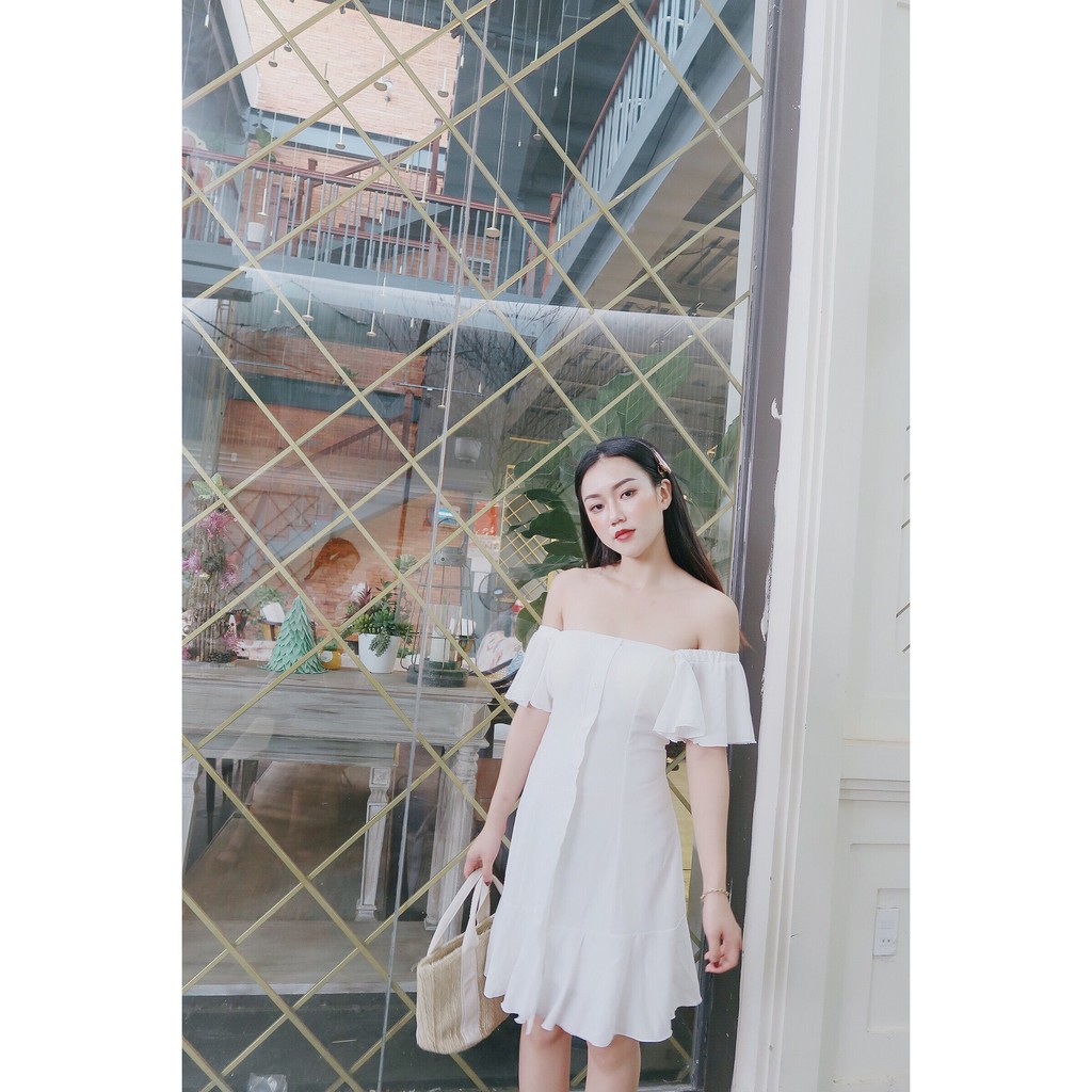 [ẢNH THẬT] Đầm Trễ Vai Tay Bèo Mẫu Mới Cực Đẹp (Trắng+Đen) | BigBuy360 - bigbuy360.vn