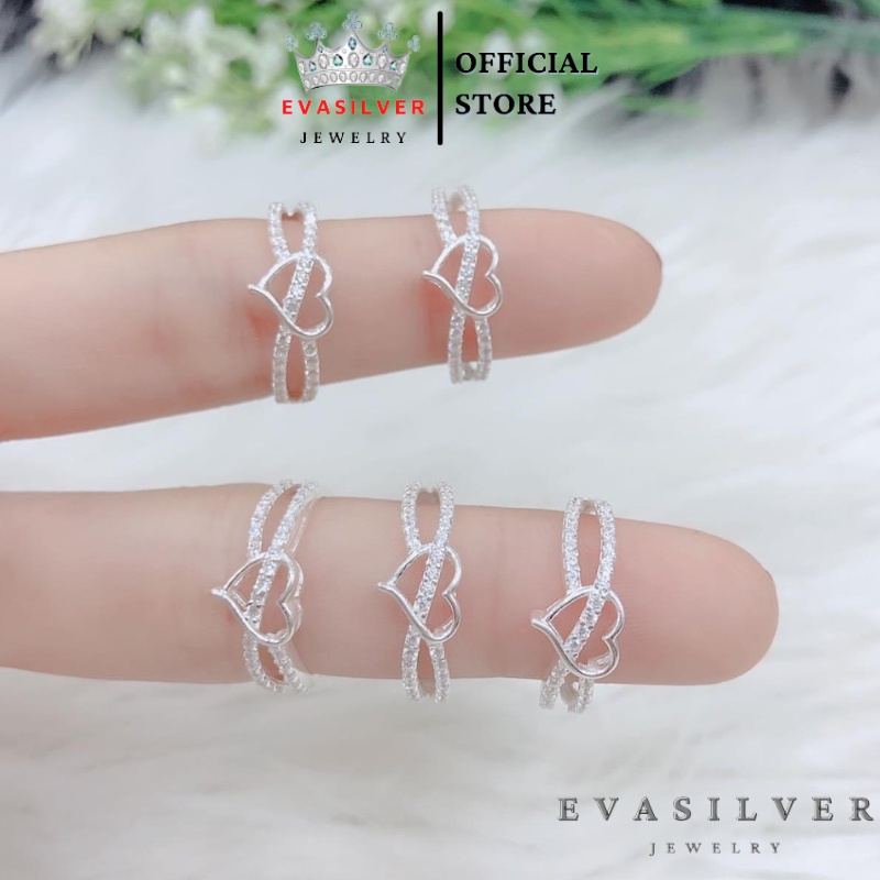 Nhẫn bạc nữ 2 hàng đá đan chéo mặt trái tim, chất liệu bạc ta cao cấp - Trang sức bạc Evasilver