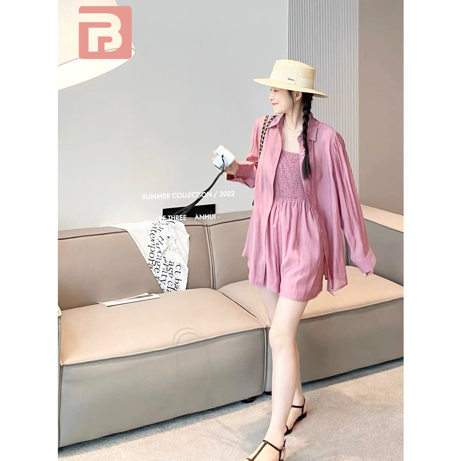 Set bộ 2 dây rúm jumsuit kèm áo sơ mi ngoài QA075