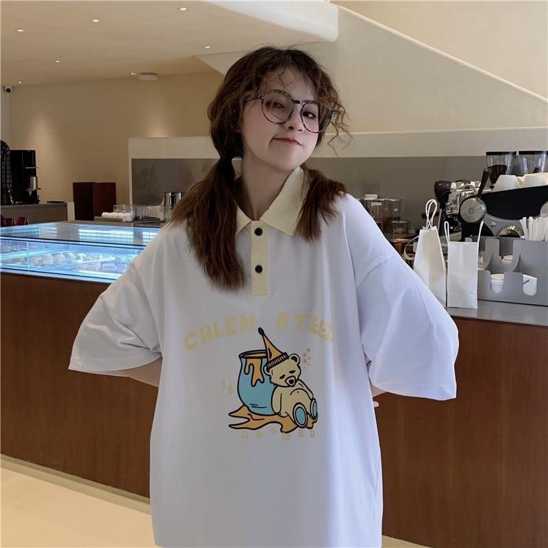 Áo polo Tay Ngắn Dáng Rộng Phong Cách Hàn Quốc Thời Trang Cho Nữ