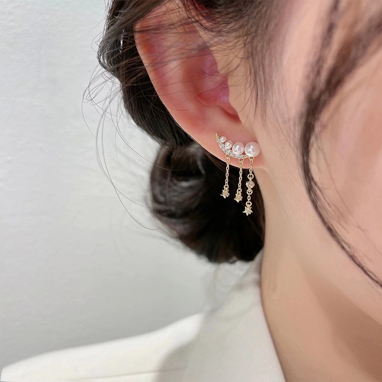 Đôi khuyên tai dáng dài đính đá phối ngọc trai thiết kế thời trang