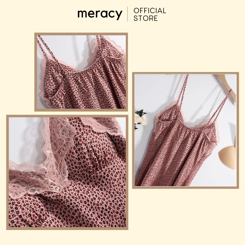 Đầm ngủ lụa satin 2 dây cao cấp nữ MERACY có mút ngực ren mặc nhà họa tiết báo đốm M03 - VN | BigBuy360 - bigbuy360.vn