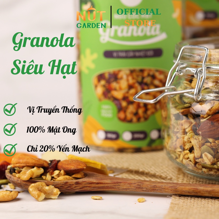 Ngũ Cốc Granola Siêu Hạt Nut Garden - Hạt Granola Ăn Kiêng 100% Mật Ong, Không Đường - Ngũ Cốc Ăn Sáng -150g, 250g, 500g